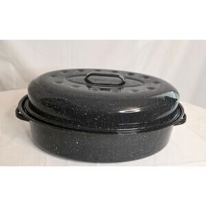 Vintage Oval Shaped Black Speckled Enamelware Double Roaster Pans w/Lids